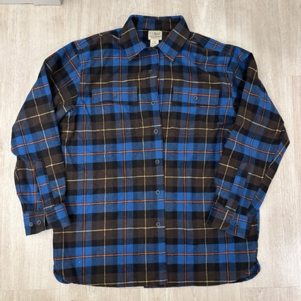 Vtg LL Bean Flannel Shirt Mens L Blue Scotch Plaid Button Down Hiking Outdoor